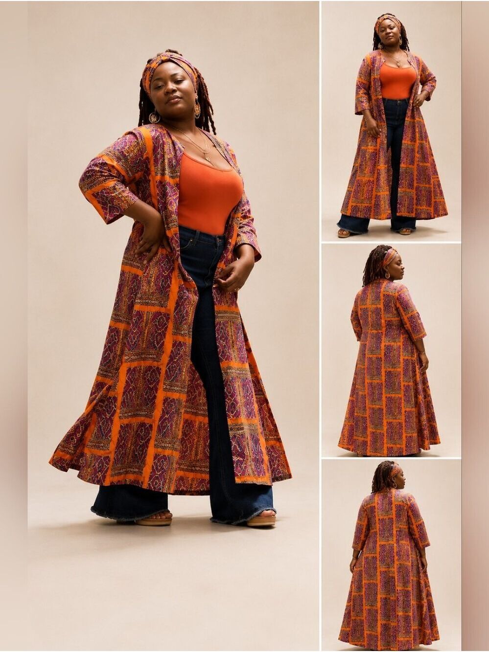 Ankara Print Duster Jacket with Matching Headwrap | Open Front Maxi Kimono